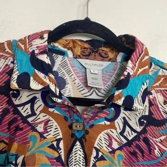 Multiples collared wood button down long sleeve, blouse, paisley print top - Picture 2 of 11